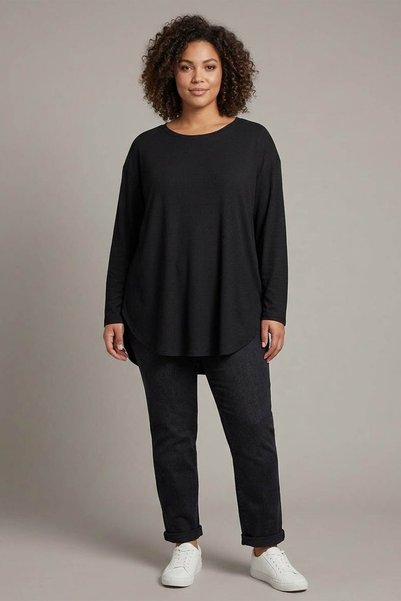 Metpoint Trend42Plus Large Size Crew Neck Long Sleeve Black Blouse
