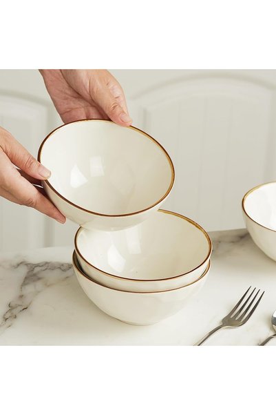 Callena Set de 4 boluri ceramice glazurate bej cu margini maro auriu, boluri ...