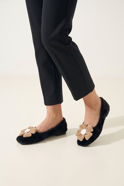 Moda Devrin Women's Black Plush Floral Detailed Home Ballet Flats and Casual ...