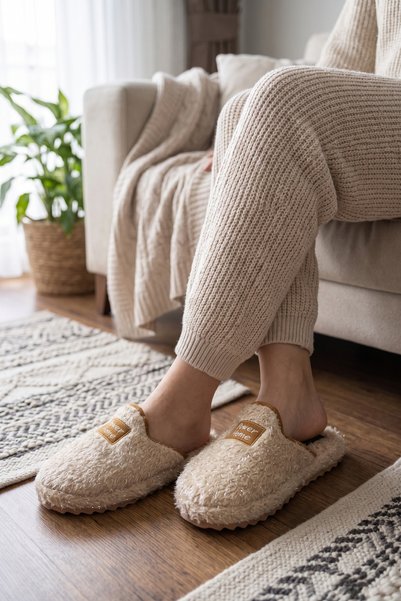 Moda Devrin Kadın Bej Simli Parlak Peluş Ev Terliği