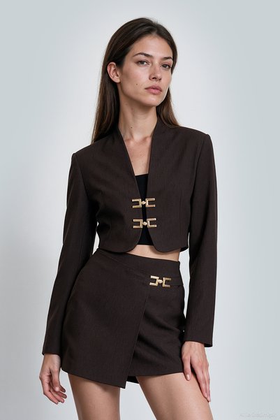 Quzu Gold Tokalı Crop Blazer Ceket Kahverengi