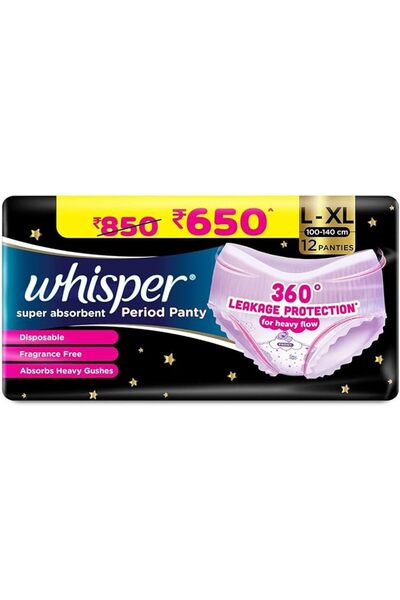 Whisper Super Absorbent Period Panty, 12 L-XL Pants, 360 Degree Leakage Prote...