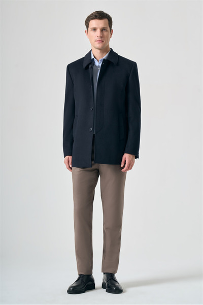 İmza Navy Blue Berber Collar Comfort Fit Wool Cashmere Coat 1008265261