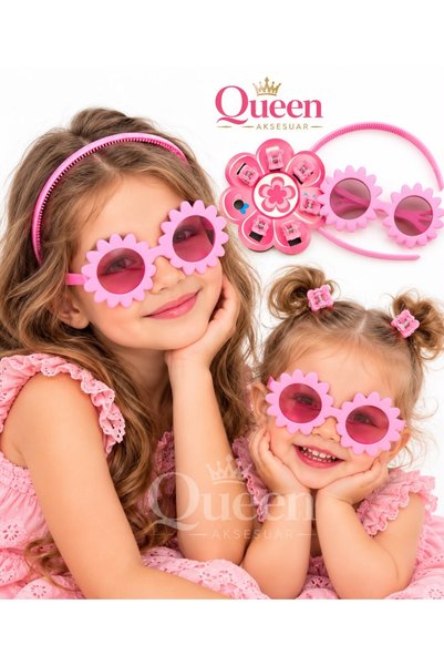 QUEEN AKSESUAR 8-Piece Pink Flower Model Glasses Crown 6 Mini Snap Buckle Gir...