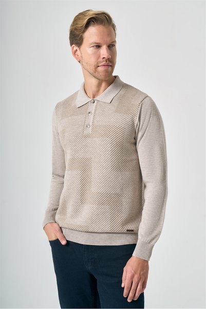 İmza Beige-Milk Coffee Polo Collar Knitted Comfort Fit Cotton Knitwear 101226...