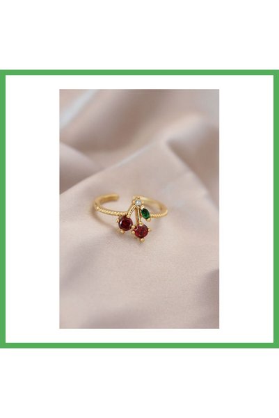 Nur store Çanta Adjustable Gold Color Metal Colorful Zircon Stone Cherry Ring...