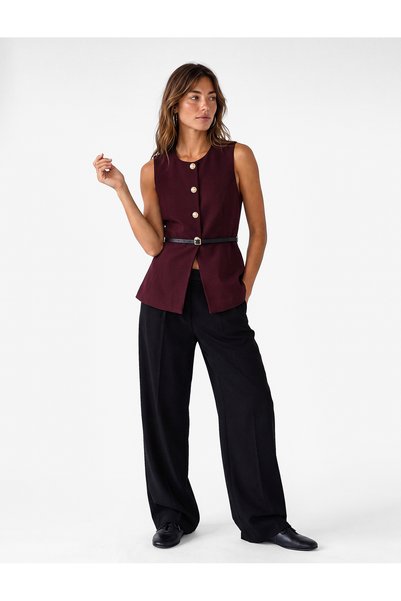 Koton Women Burgundy Plain Round Neck Sleeveless Vest