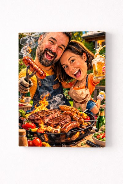 Fabricacucadouri.ro Tablou Canvas Caricatură Cuplu la Grătar – Cadou Personal...