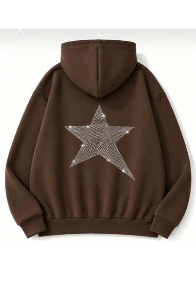 vipelmoda Kadın Kuyruklu Yıldız Sırt Taş Baskı Detaylı Oversize Kapüşonlu Cepli Sweatshirt