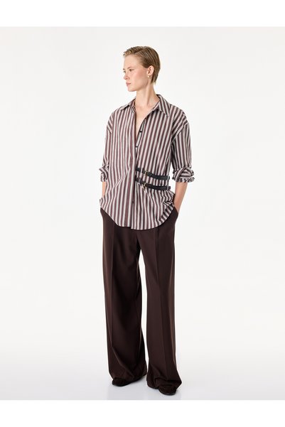 Koton Women Brown Striped Collared Long Sleeves Shirt