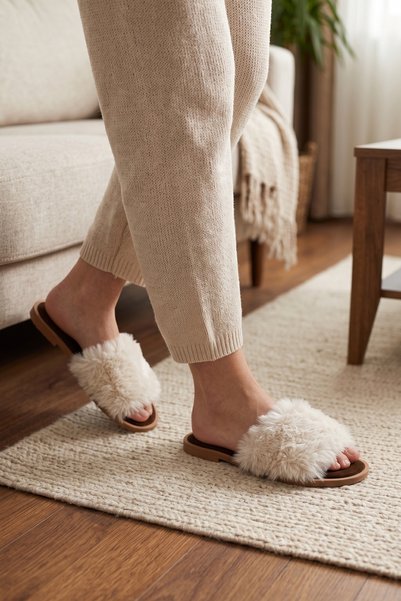 Moda Devrin Kadın Bej Peluş Tüylü Detaylı Günlük Düz Terlik
