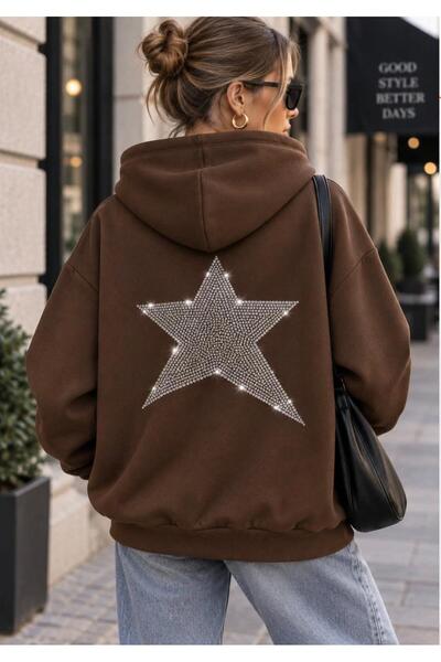 vipelmoda Women's Comet Back Stone Print Detailed Oversize Hooded Sweatshirt ...