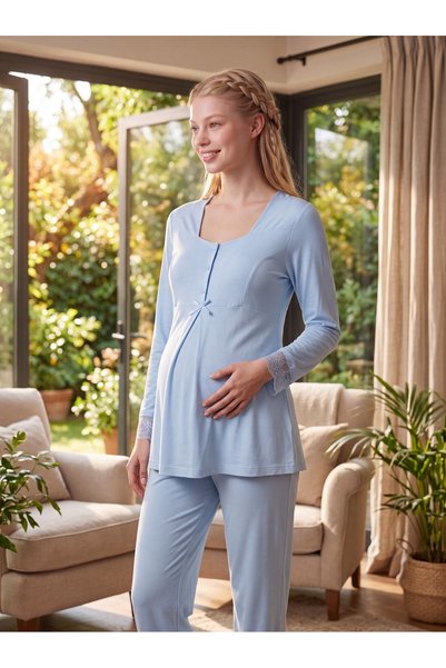 Lohusa Homewear New Season Blue Buttoned Breastfeeding Feature Lace Detailed ...