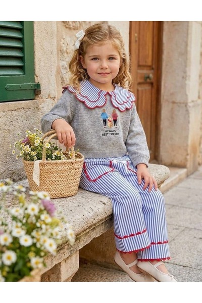 Patriko Girls' New Season Stylish Embroidered Sweater and Pants Set 2-8 Years