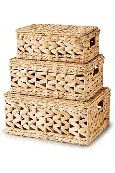 HOMODOSKEY 3 Pack Wicker Storage Baskets with Lids, Hand Woven Rattan Lidded ...