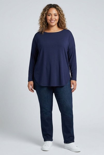 Metpoint Trend42Plus Large Size Crew Neck Long Sleeve Navy Blue Blouse