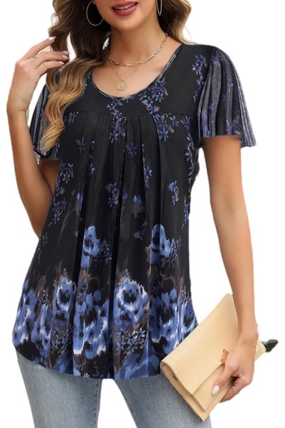 OtherMax Elegantă Bluză Tunică Femei de Vară cu Model Floral Fluidă Negru-Alb...