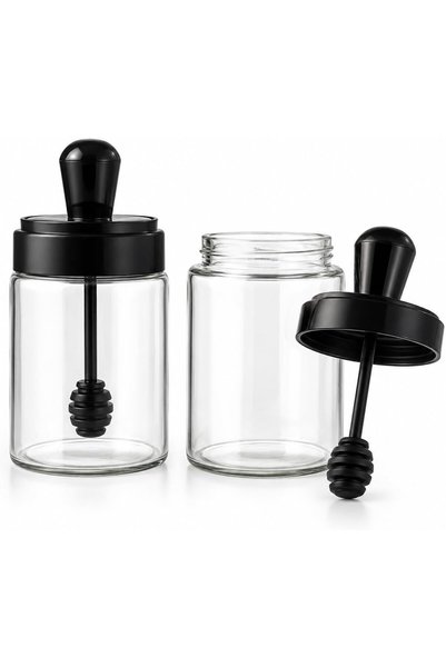 Biki Glass Honey Jar Set of 2 with Honey Dippers, 250ml Clear Glass Condiment...