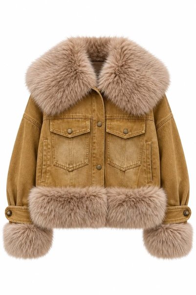 HAZELANNA İthal Kürk Yaka Denim Mont