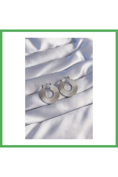 Nur store Çanta 316L Steel Silver Color Oval Striped Plate Earrings Bezoss