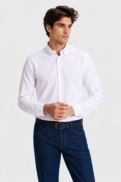 kzy giyim Men's White Slim Long Sleeve Basic Shirt