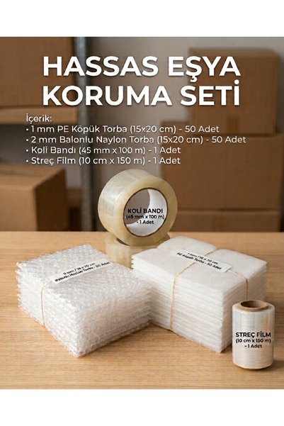Dalpak Ambalaj Hassas Eşya Koruma ve Kargo Paketleme Seti - Kırılacak Ürün Koruyucu Pe Köpük Torba + Balonlu Naylon + Koli Bandı + Streç Film 50'li SET