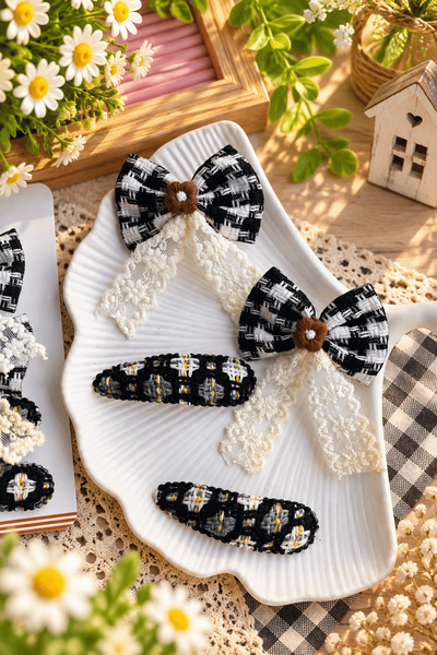 Generic Brand Girls' Lace Detailed Tweed Fabric Bow Snap Hair Clip Set of 4