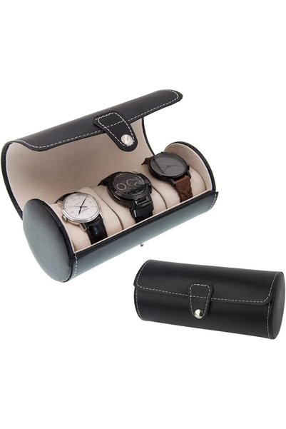 Arabest Watch Box, 3-Slot Cylindrical PU Travel Case, Black