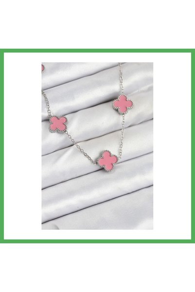 Nur store Çanta 316L Steel Chain Silver Pink Color Clover Women's Necklace Be...