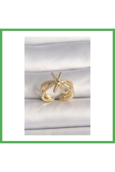 Nur store Çanta Brass Gold Color Adjustable Ziron Stone Women's Ring Bezoss