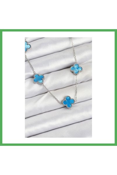 Nur store Çanta 316L Steel Chain Silver Ice Blue Color Clover Women's Necklac...