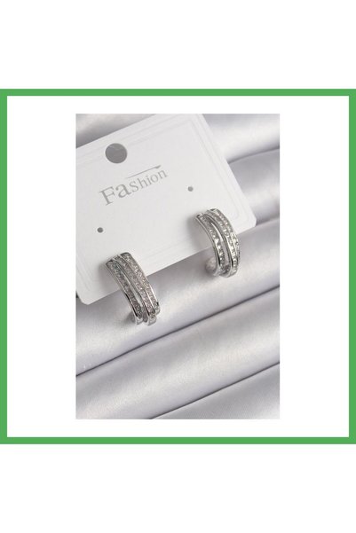 Nur store Çanta Brass Silver Color Zircon Stone Half Hoop Model Women's Earri...