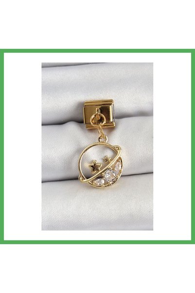 Nur store Çanta 316L Steel Dangle Zircon Stone Saturn Model Gold Color Nomina...
