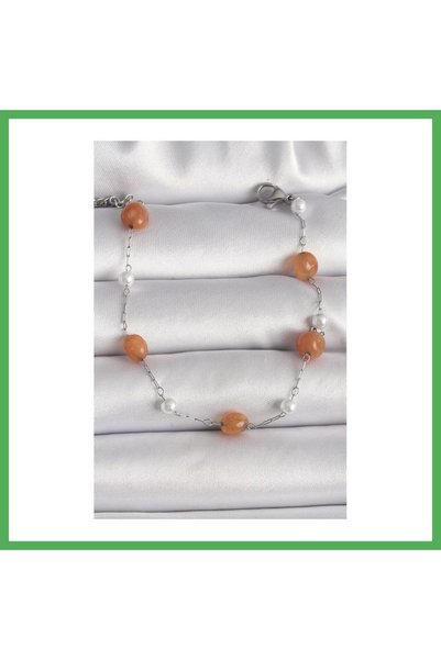 Nur store Çanta 316L Steel Silver Color Orange Natural Stone Model Pearl Deta...