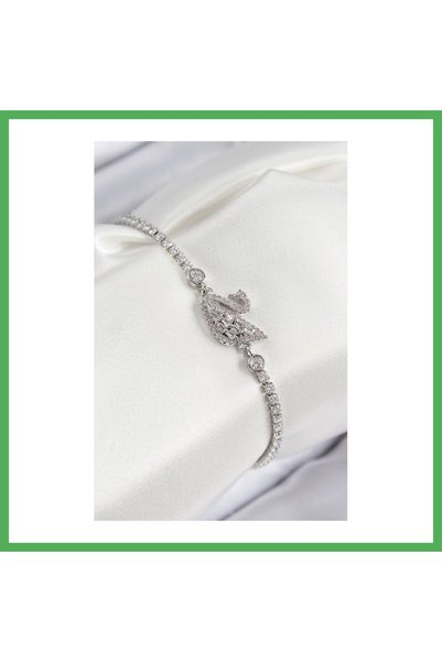 Nur store Çanta سوار نسائي من النحاس والزركون بحجر طائر البجعة موديل فضي اللو...