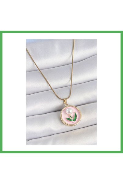 Nur store Çanta 316L Steel Gold Color Chain with Pink Enamel and Pearl Flower...