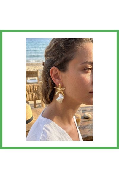 Nur store Çanta Natural Sea Shell and Gold Color Star Model Women's Earrings ...