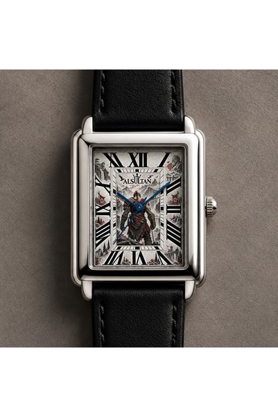 ALSULTAN WATCH ساعة كريتوس – تصميم مستوحى من شخصية Kratos – ساعة يد مستطيلة بإطار فضي وسوار أسود