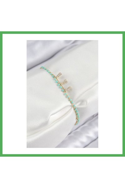 Nur store Çanta Brass Zircon Stone Blue Beaded Model Gold Color Women's Brace...