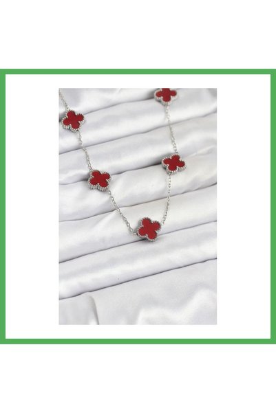 Nur store Çanta 316L Steel Chain Silver Color Burgundy Color Clover Women's N...