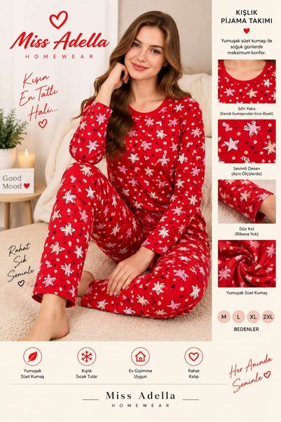 MiŞa adella Women's Patterned Suede Pajama Set Long Sleeve Winter Soft Fabric
