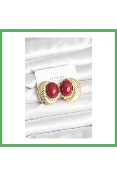Nur store Çanta Brass Gold Color Claret Red Beaded Oval Vintage Women's Earri...