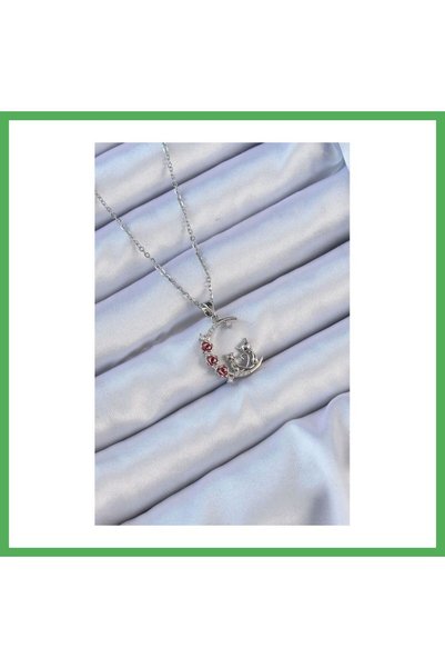 Nur store Çanta 316L Steel Chain Silver Color Red Rose Detail Cat Figure Zirc...
