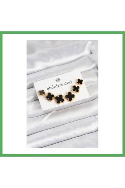 Nur store Çanta 316L Steel Gold Black Color 3 Size Clover Earring Set Bezoss