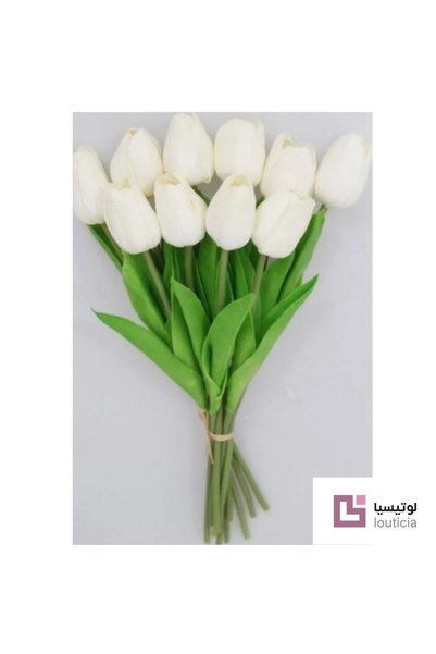 louticia 10 قطع باقة زهور توليب صناعية رطبة ذات ملمس حقيقي باللون الأبيض - دي...