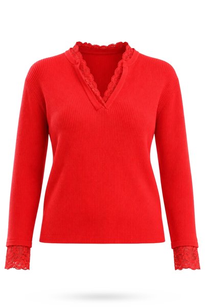 5in1Canpolat Red Sweater with Lace Collar and Sleeves 261069