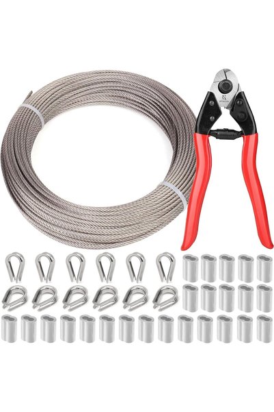 Tazweeq 1/8" Wire Cable, 100ft Wire Rope Metal Cable With Loop Sleeve And Ste...
