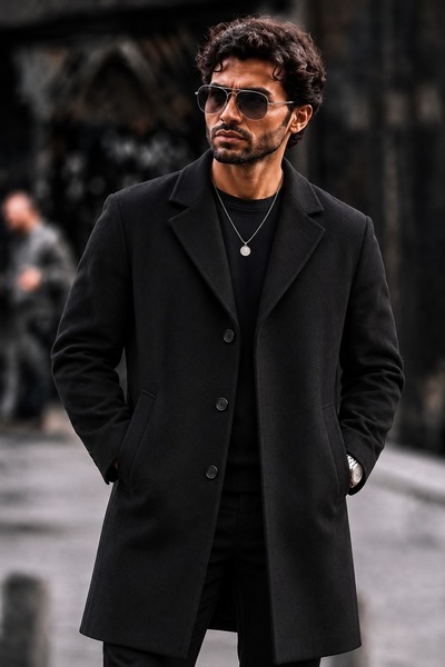 DAMGA JEANS Men's Kaşe Classic Cut Trendy Black Coat