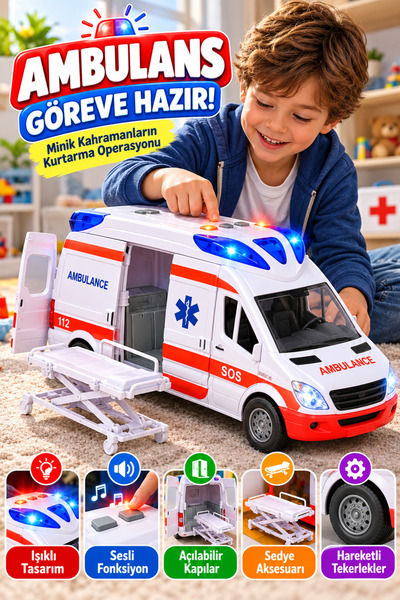 OpenCity Işıklı Sesli Oyuncak Ambulans Araba Açılır Kapılı Sedyeli Pilli Kurt...