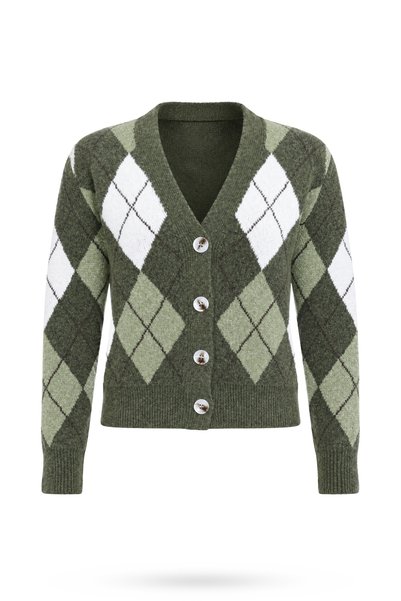 5in1Canpolat Khaki Baklava Pattern Knitwear Cardigan 7880